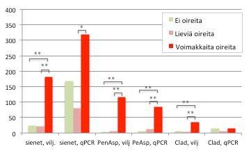 Kuva 4. Viljely- ja qpcr-menetelmillä havaittujen sienipitoisuuksien keskiarvojen (cfu/m 3 tai CE/m 3 ) ja tiloissa koettujen oireilujen yhteys, (* = p < 0,05; ** = p < 0,01; t-testi).