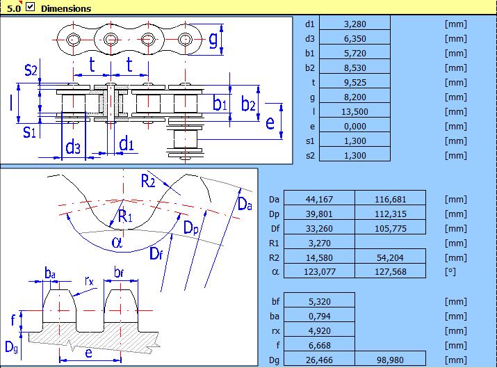 30 Kuva 16. Ketjun ja ketjupyörien mitat. Kuvassa 16 on laskennassa saadut mitat ketjulle ja ketjupyörille.
