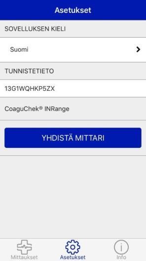 > Bluetooth -> valitse CoaguChek ja paina Unohda tämä laite ). Aloita yhdistäminen painamalla näytön alalaidasta Asetukset. Valitse sen jälkeen Yhdistä mittari.