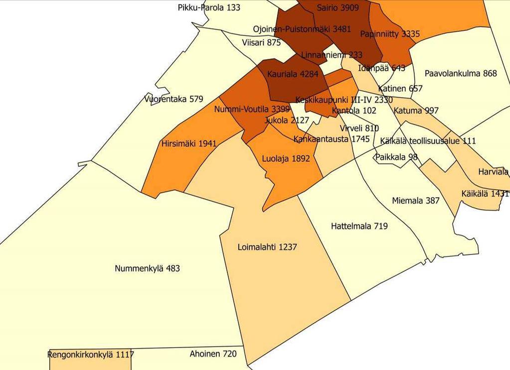 Kuva 8. Väestömäärä pientilastoalueittain (Asunto-ohjelma 2014, Hämeenlinnan kaupunki). Hämeenlinnassa oli vuoden 2013 lopussa yhteensä 33 663 asuntokuntaa.