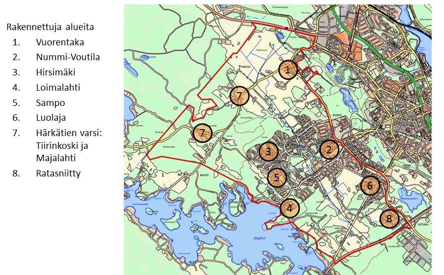 3. LÄHTÖKOHDAT 3.1 Selvitys suunnittelualueen oloista 3.1.1 Alueen yleiskuvaus Suunnittelualue sijaitsee Marssitien Aleksis Kiven kadun ja Alajärven väliselle alueelle, noin 3-6 km etäisyydelle Hämeenlinnan keskustasta.