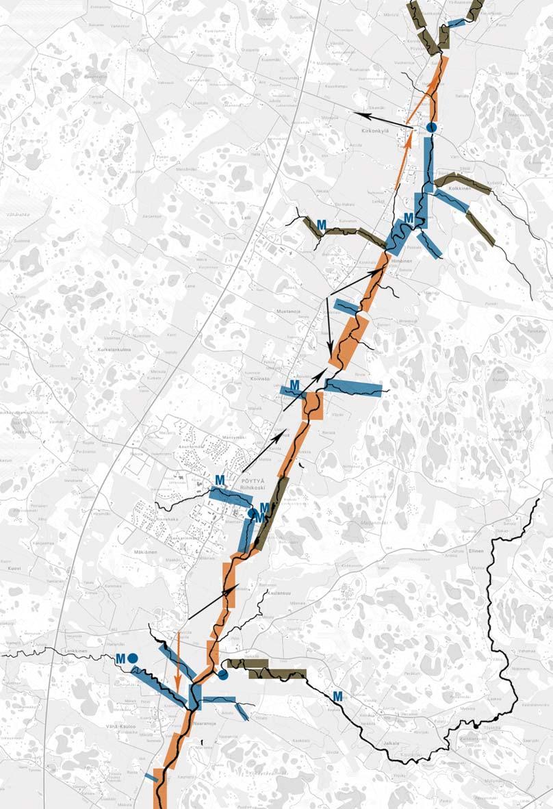 Jokikäytävän maisemasuunnitelma M Myllypaikka Mahdollinen kosteikkopaikka Joki Avoin rantavyöhyke (s. 45 Näkymä) Puoliavoin rantavyöhyke (s. 45 Näkymä) Sulkeutunut rantavyöhyke (s.