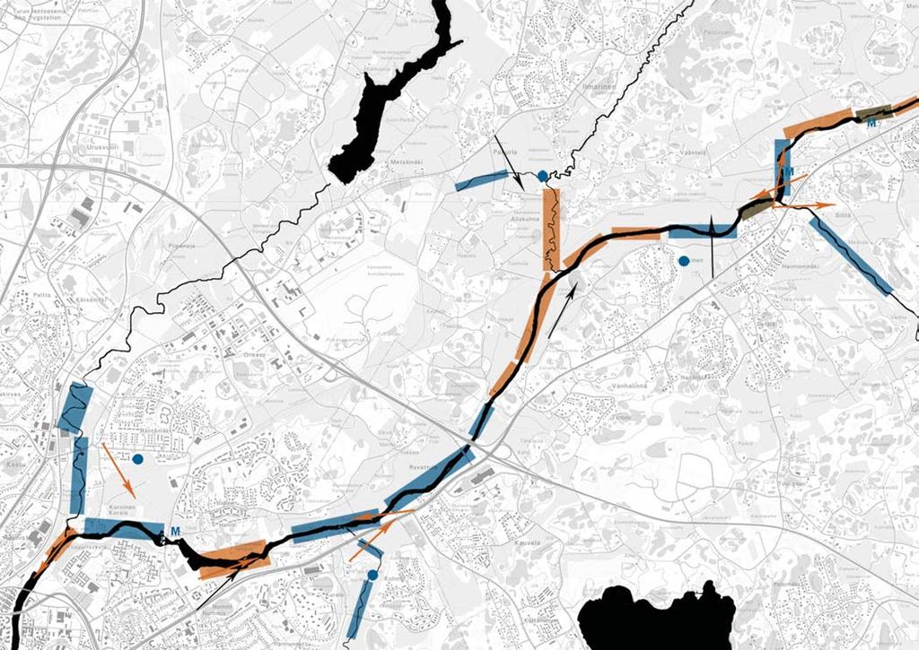 Jokikäytävän maisemasuunnitelma M Myllypaikka Mahdollinen kosteikkopaikka Joki Avoin rantavyöhyke (s. 45 Näkymä) Puoliavoin rantavyöhyke (s. 45 Näkymä) Sulkeutunut rantavyöhyke (s.