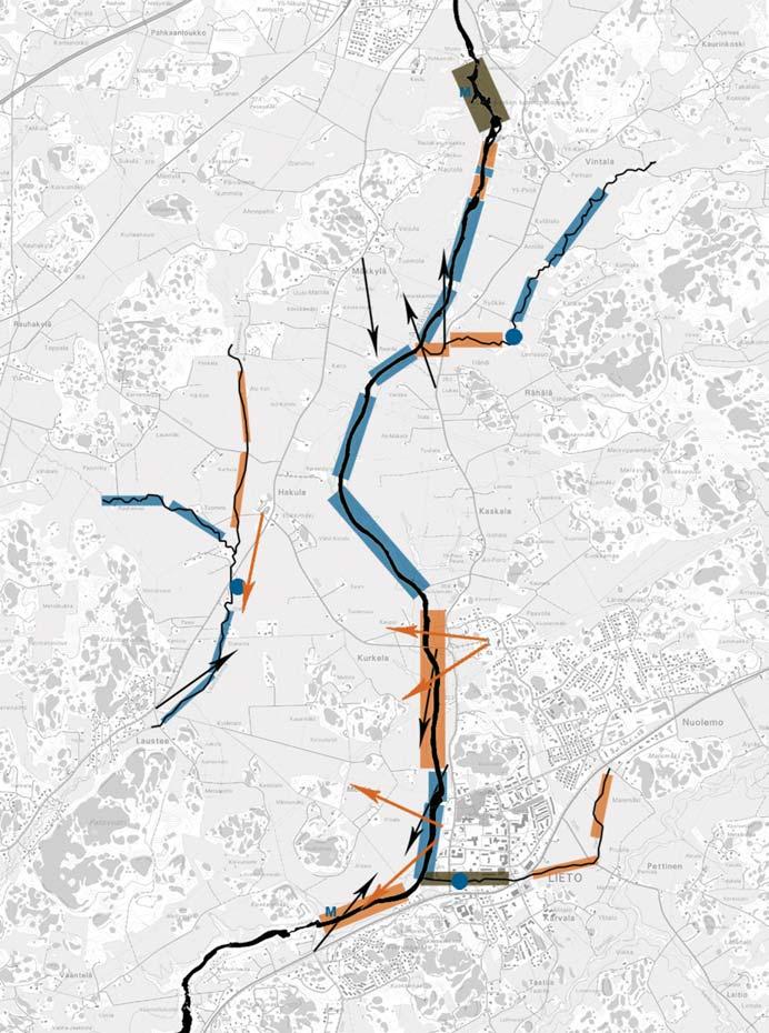 Jokikäytävän maisemasuunnitelma M Myllypaikka Mahdollinen kosteikkopaikka Joki Avoin rantavyöhyke (s. 45 Näkymä) Puoliavoin rantavyöhyke (s. 45 Näkymä) Sulkeutunut rantavyöhyke (s.