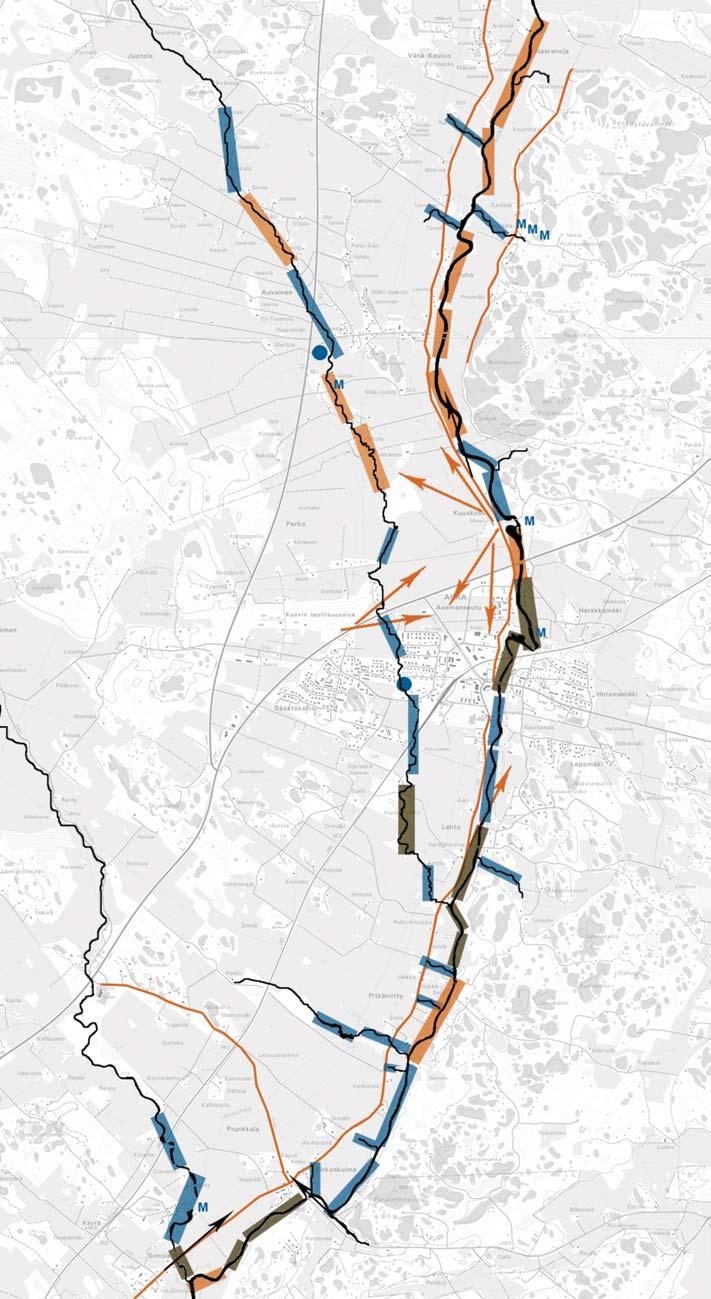 Jokikäytävän maisemasuunnitelma M Myllypaikka Mahdollinen kosteikkopaikka Joki Avoin rantavyöhyke (s. 45 Näkymä) Puoliavoin rantavyöhyke (s. 45 Näkymä) Sulkeutunut rantavyöhyke (s.