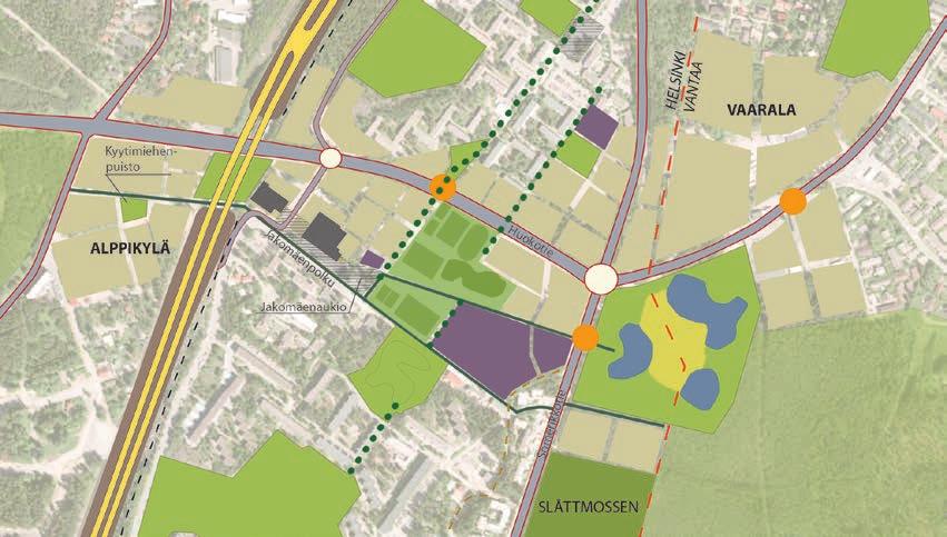 Yleiskaava Selvityksiä YOS 2015 34 Jakomäki Jakomäkeä kehitetään monipuolisen asumisen paikkana. Lahdenväylän ali Malmilta saapuva Suurmetsäntie muuttuu Jakomäkeen saavuttaessa Huokotieksi.