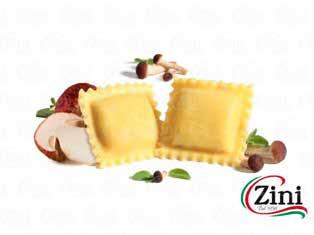 Ravioli ricotta-herkkusienitäytteellä 1000g Ainekset: ricotta (MAITO,HERA, KERMA, suola), durum VEHNÄJAUHOT 36%, tuore KANANMUNA 7,2%, vesi, keitetyt sienet 5,2% (Agaricus hortensis var.