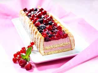 Marja-Charlotte 800g Vesi, punaisia marjoja (18 % ) (punaherukka, vadelma, karhunvadelma, mustikka), sokeri, vadelmapyree (12 % ), keksi [sokeri, VEHNÄJAUHO, KANANMUNA, inverttisokeri, aromi, suola,