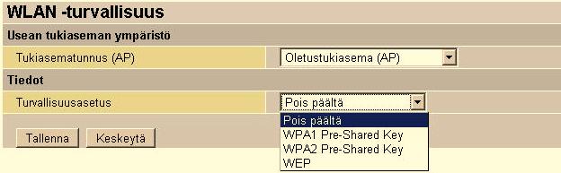 4.5.1.6 WLAN-turvallisuus * WLAN-SALAUSASETUKSET PITÄÄ TEHDÄ ETHERNET-PORTIN KAUTTA, EI LANGATTOMASTI Salaukseksi valitaan joko WPA2- WPA- tai WEP-salaus sen mukaan, mitä käyttäjän tietokone tukee.