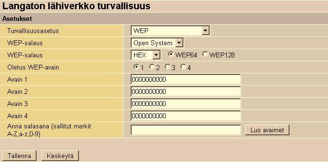 WEP-SALAUS WEP-salaus: Valitaan käytettävä verkkotodennus: Open System, Shared Key tai Both WEP-salaus: Salausavain noudattaa WEP-standardia ja se on joko 64 tai 128 bittiä.