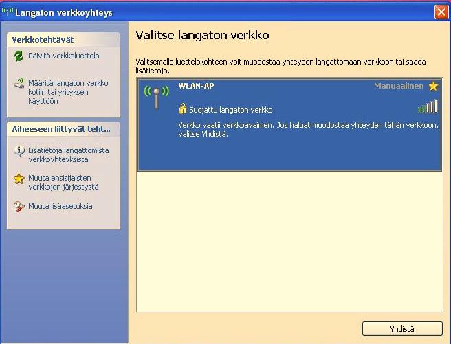 ESIMERKKI WLAN-KÄYTTÖÖNOTOSTA Tietokoneessa tulee olla asennettuna WLAN-sovitin Seuraavassa esimerkissä on käytetty Windows XP:n (Service Pack 2) WLAN-clientia.