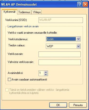-> Syötetään Verkkonimi (SSID) -> Valitaan Verkkotodennus sekä Tiedon salaus.