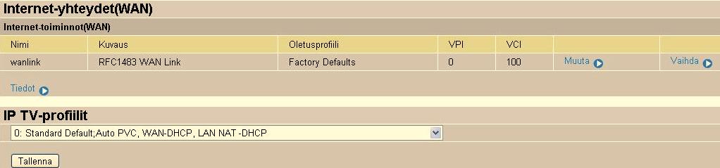 4.5.2 Internet (WAN) Ulkoverkko-kohdassa tehdään kaikki asetukset, joita tarvitaan Internet yhteyden ylläpitämiseksi. 4.5.2.1 ADSL-operaattori Modeemin tehdasasetukset ovat seuraavan kuvan mukaiset.