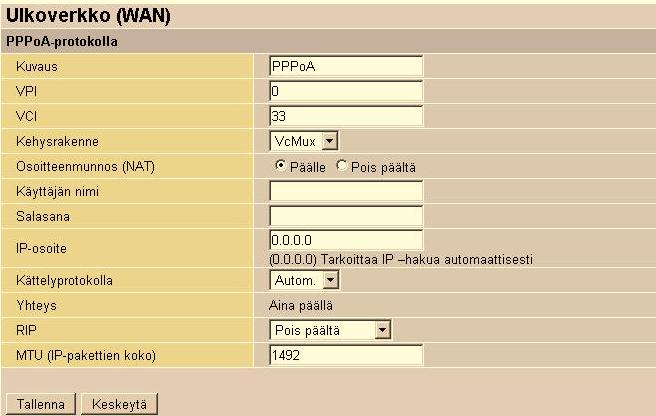 Asetukset tehdään operaattorin määritysten mukaisesti. Kättelyprotokolla: Toiminto on automaattinen, CHAP tai PAP.