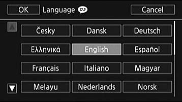 Kielen vaihtaminen Videokameran oletuskielenä on englanti. Voit valita jonkin 27 muusta kielestä. Toimintatilat: 1 Paina. 2 Valitse haluttu kieli. [ Other Settings/Muut asetukset] > q > [Language!