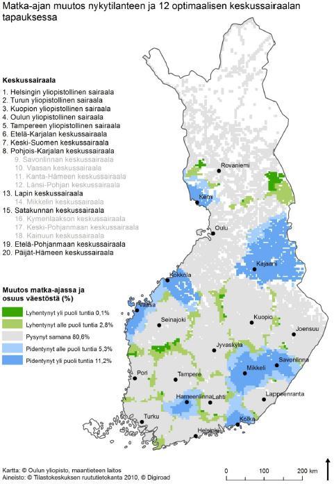 Saavutettavuuden muutokset ja palveluverkko Mikäli keskussairaaloiden saavutettavuus allokoidaan vapaasti huomioimatta sairaanhoitopiirien hallinnollisia rajoja, paranee saavutettavuus osalla väestöä