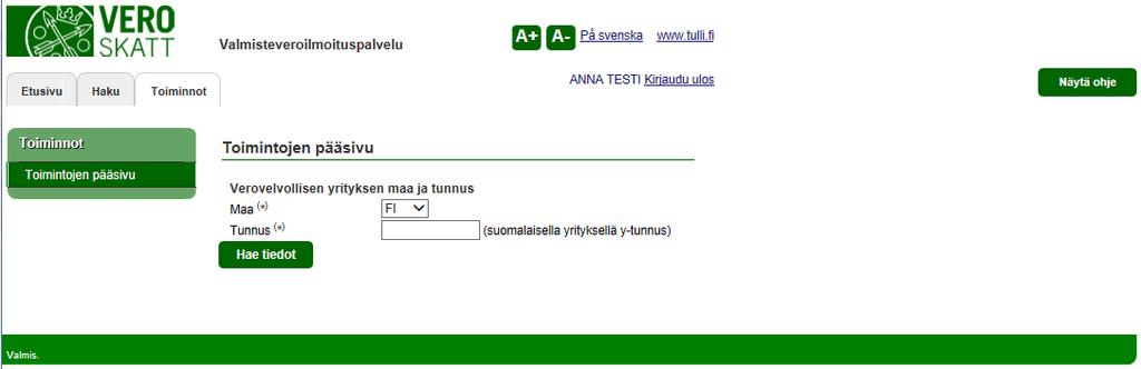 PÄÄSIVU Maatunnuksena on oletuksena FI (Suomi). Tämän alapuolelle annetaan yrityksen Y-tunnus.