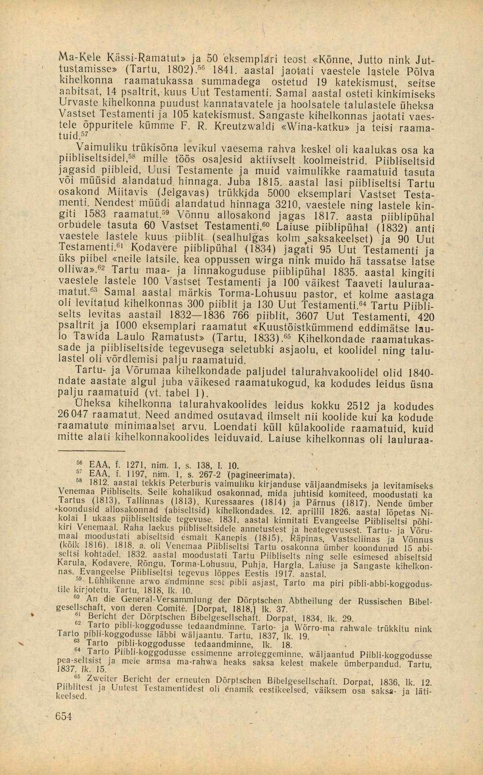 Ma-Kele Kässi-Ramatut» ja 50 eksemplari teost «Könne, Jutto nink Juttustamisse» (Tartu, 1802). 56 1841.