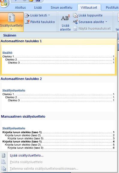 13 Valitse jokin valmiista sisällysluettelomalleista tai
