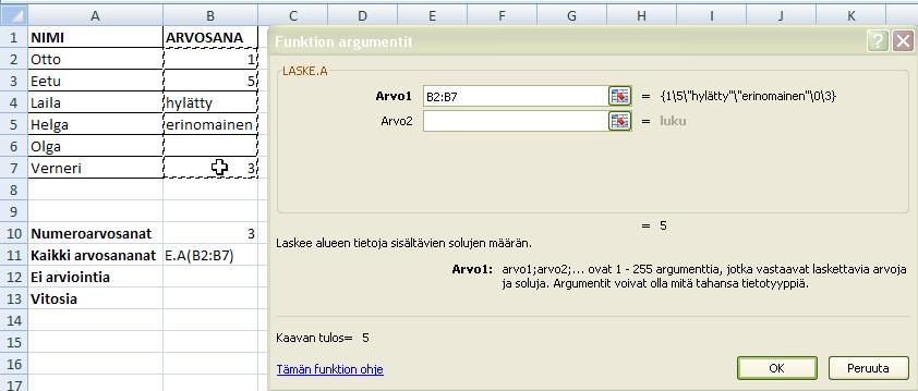 a-funktiota, eli lasketaan, monessako solussa on jotakin sisältöä, oli se sitten lukuja tai tekstiä.