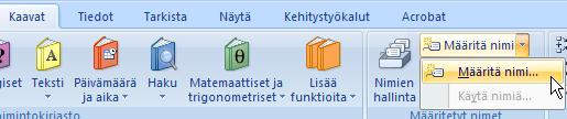 kussakin), kannattaa nuo taulukon alueet ns. nimetä. Tällöin niihin voi viitata noilla nimillä sen sijaan että tarvitsisi käyttää aina soluosoitteita.