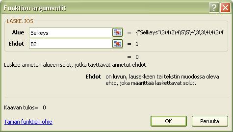 33 Ehdot-riville klikkaa taulukon solua B2, jossa on luku 1. Tämähän tarkoittaa sitä, että haetaan Selkeysnimiseltä alueelta ykkösiä ja lasketaan, montako niitä on.
