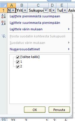 Saat taas kaikki rivit näkyville rastittamalla Sukupuoli-kohdasta ruudun valitse kaikki ja klikkaamalla ok.