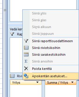 45 Klikkaa Arvot-laatikossa Summa/Yritys-kohtaa ja valitse avautuvasta valikosta kohta Arvokentän
