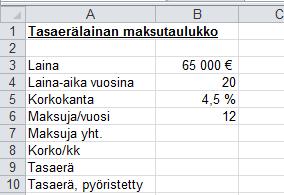 54 13 RAHOITUSFUNKTIOITA Seuraavassa esitellään muutamia rahoitusfunktioita, joilla voidaan tehdä erilaisia tasaerä- eli annuiteettilainaan liittyviä laskelmia.
