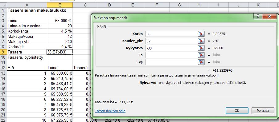 Lainaa maksetaan tasaerin kerran kuukaudessa. Tehdään taulukko, joka kertoo, miten lainaa maksetaan. Täytetään ensin perustiedot: Maksuja yht.