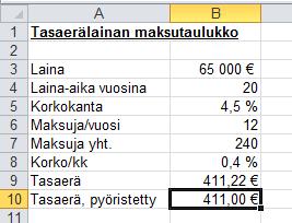 55 Tähän kaavaan laitetaan argumentiksi vain tuo solu, jossa äsken laskettu tasaerä on ja se pyöristää ko. luvun kokonaisluvuksi.