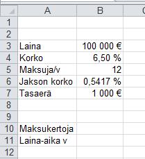 3 NJAKSO-funktio ja laina-ajan laskeminen Kun halutaan laskea laina-aika, käytetään NJAKSO-funktiota. Tällöin pitää tietää korko, maksuerien suuruus ja lainan määrä.
