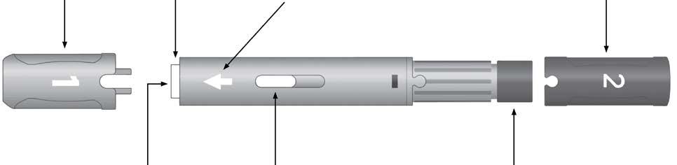 Humira esitäytetty kynä Harmaa korkki 1 Valkoinen neulansuojus Valkoinen nuoli Violetti korkki 2 Neula Ikkuna Violetti pistosnappi Älä käytä esitäytettyä kynää ja ota yhteyttä lääkäriisi tai
