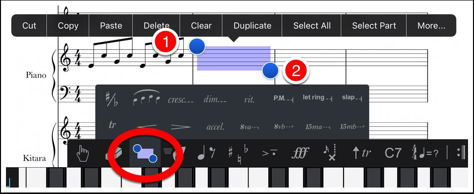 Pianostemman syöttöä Siirry katsomaan pianostemman oikean käden ensimmäistä tahtia. Tässä osiossa käytämme myös kopioi/sijoita -toimintoa, sekä opitaan tonaalinen transponointi.