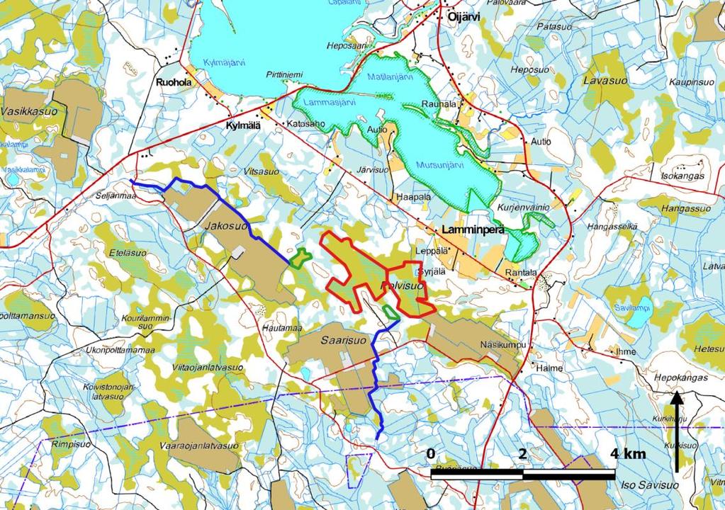 6 Kuva 2. Polvisuon hankealue ja Mursunjärvi-Lammasjärvi-Matilanjärvi-Lamminperän Natura-alue.