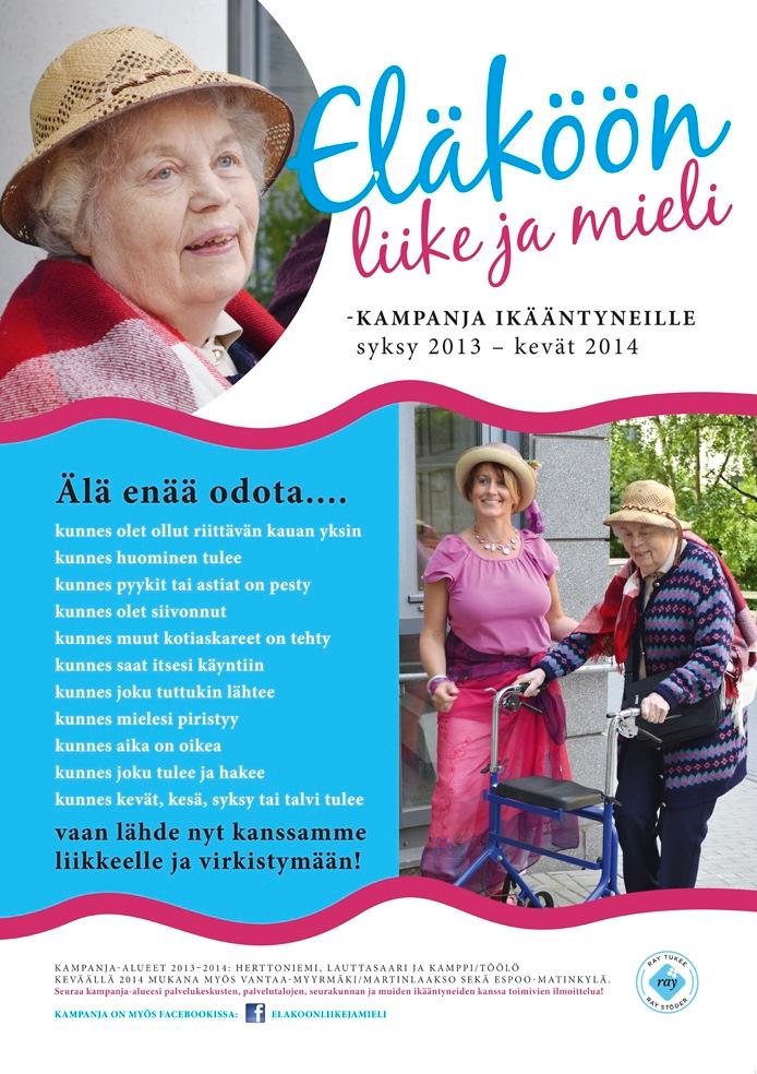 40 E l ä k ö ö n l i i k e j a m i e l i v e r k o s t o n k a m p a n j a Kampanjan tavoitteet: Kavoitteena on tarjota kampanja-alueiden ikääntyneille erilaisia liikkumista, virkistystä, mielen