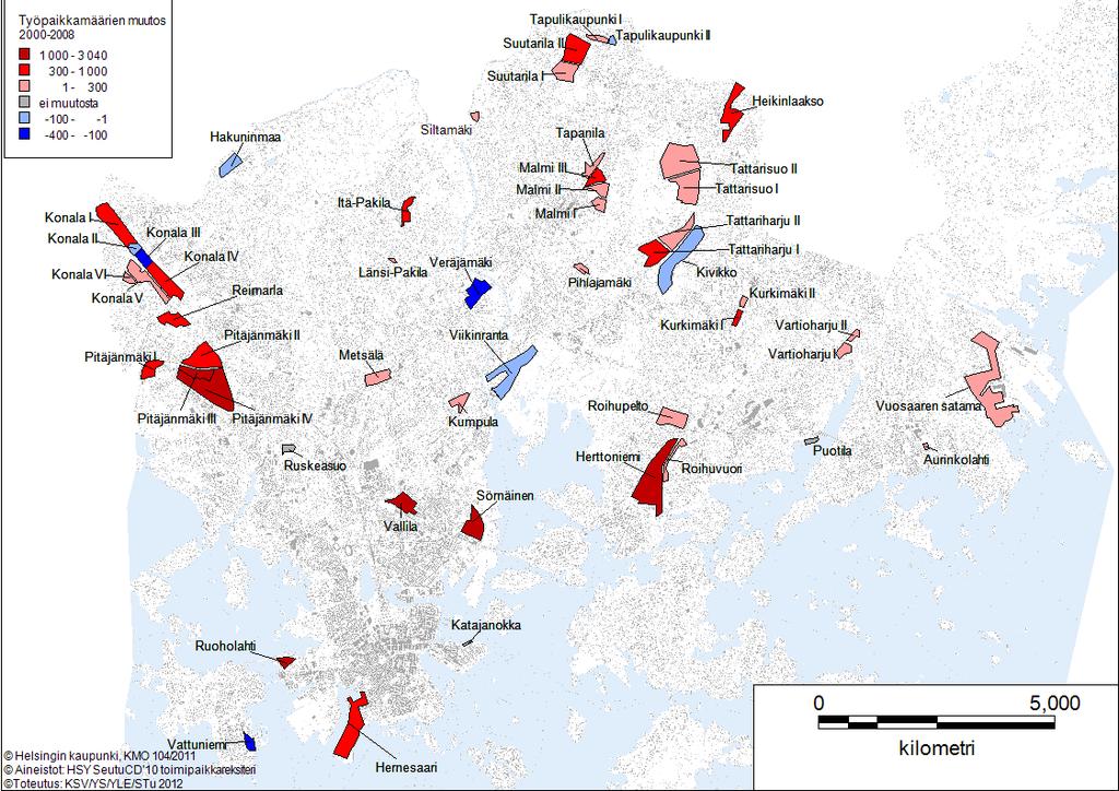 Kartat työpaikka-alueista Helsingin mittakaavassa