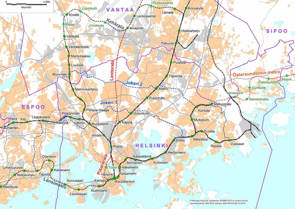 Yleiskaava Selvityksiä YOS 2013 37 Uusista raideyhteyksistä toteuttamisvaiheessa ovat Kehärata ja Länsimetro. Kehärata yhdistää pääradan Vantaankoskeen lentokentän kautta.