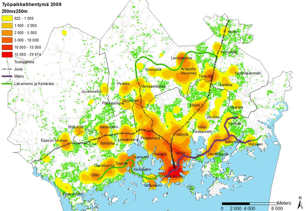 Yleiskaava Selvityksiä YOS 2013 7 2.2 Helsingin työpaikkakeskittymät Helsingissä oli vuonna 2008 yhteensä 353 300 työpaikkaa, mikä on 63 % pääkaupunkiseudun kaikista työpaikoista.