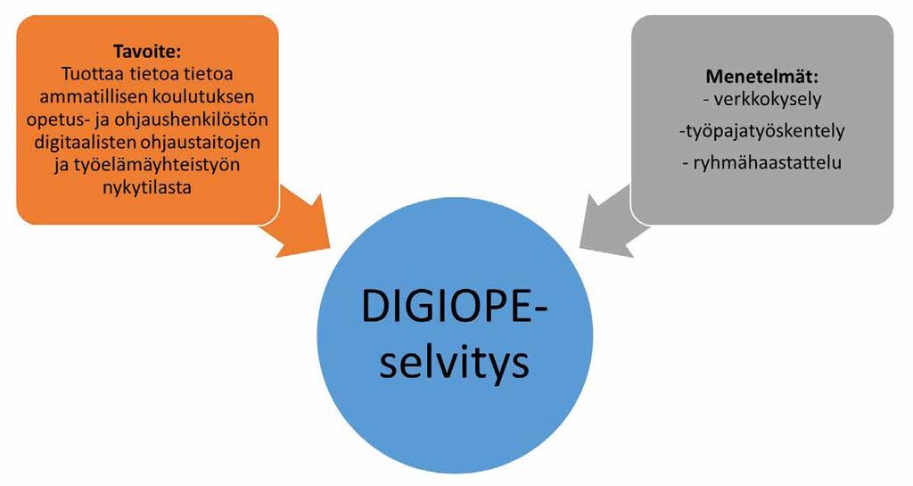 HAMK Ammatillisen opettajakorkeakoulun toteuttamalla DIGIOPE-selvityksellä kerättiin tietoa ammatillisen koulutuksen opetus- ja ohjaushenkilöstön digitaalisten ohjaustaitojen ja työelämäyhteistyön