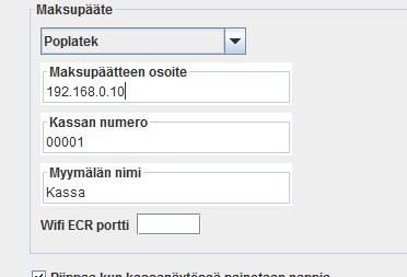 Ver. 3.0 KÄYTTÖOHJE MavaSoft-kayttoohje.docx Sivu 31/48 POPLATEK-MAKSUPÄÄTTEEN LIITTÄMINEN Poplatek Yomani ML-maksupääte kytketään Mavasoft-ohjelmistoon seuraavasti. 1.