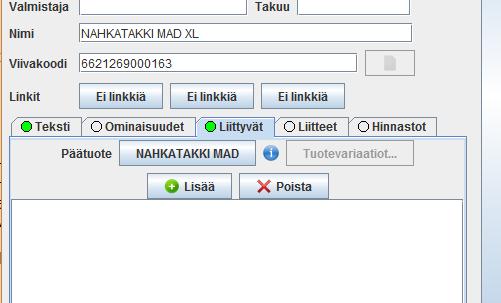 Ver. 3.0 KÄYTTÖOHJE MavaSoft-kayttoohje.docx Sivu 48/48 Varioidulle tuotteelle kerrotaan, mikä on päätuote Liittyvät-välilehdellä.