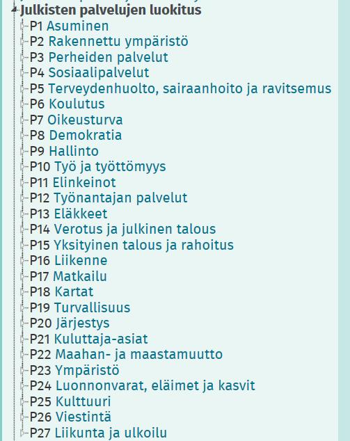 Palveluluokitus Pakollinen tieto Palveluluokka on kaksitasoinen aiheluokitus, jonka mukaan palveluita jaotellaan.