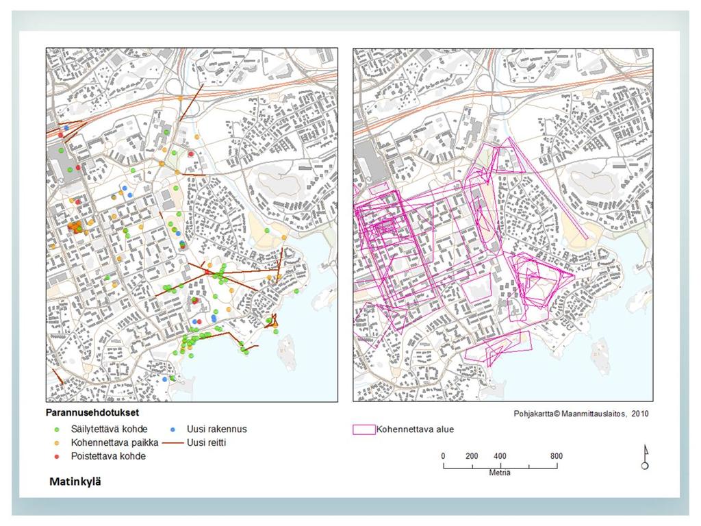Matinkyläläisten paikantamat parannusehdotukset Matinkyläläiset paikansivat kartalle parannusehdotuksia, jotka koostuvat kuudesta luokasta: säilytettävä kohde, kohennettava paikka, poistettava kohde,