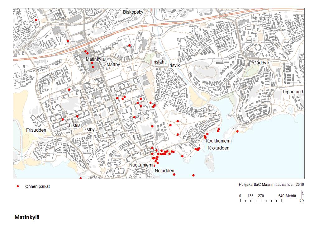 Matinkyläläisten paikantamat onnen paikat Matinkyläläiset paikansivat kartalle pehmogis-menetelmällä onnen paikkoja, jotka näkyvät oheisessa kartassa punaisella.
