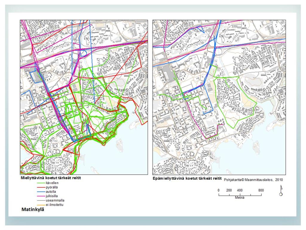 Tärkeiksi koetut reitit Matinkylässä Yllä olevista kartoista vasemmanpuoleisessa on kuvattu ne reitit kulkutavoittain, jotka vastaajat kokevat miellyttävinä ja oikeanpuoleisessa kartassa puolestaan