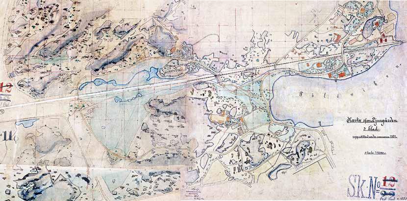 Kuva 17 Vuoden 1891 mittauskartasta voi hahmottaa alkuperäisen Töölönpuiston 1890-luvulle mennessä rakennetut puistomaiset alueet (vrt. kuva 6).