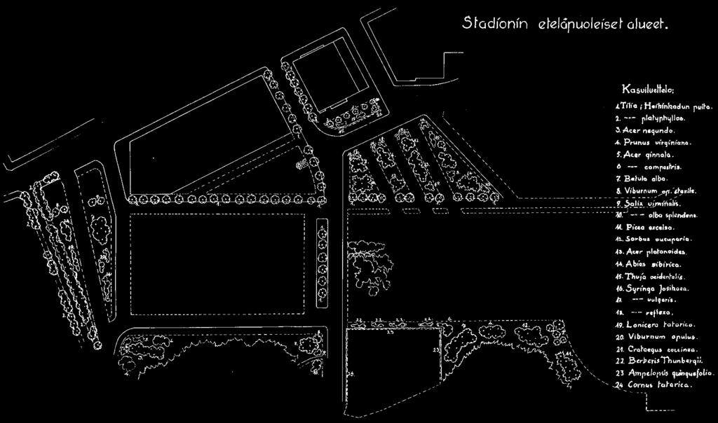 Kuva 82 Stadioninpuistikon ja stadionin eteläpuolisten alueiden istutussuunnitelma 1930-luvulta. KPOA. Stadioninpuistikko Kuva 83 Vastavalmistuneet Olympiastadion ja Stadioninpuistikko. 1938.