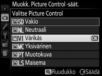 Korosta kuvausvalikossa Muokk. Picture Control -säät. ja paina 2. G-painike 2 Valitse Tallenna/muokkaa.