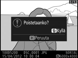 Valokuvien poistaminen Poista täyskuvatoistossa näkyvä tai pienoiskuvaluettelossa korostettu valokuva painamalla O-painiketta.